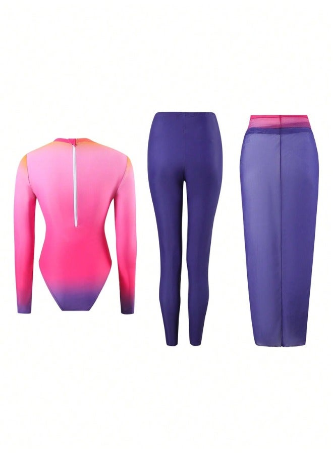 Fianser Burkini Swimwear 3-Piece Swimsuits Set Long Sleeve Full Cover With Wrap Skirt Modest Fashion Conservative Beachwear Islamic Muslim Classic Arabic Clothing Sun UV Protection Diving Suit Surfing Suit Quick Dry Swimming Costume Chiffon Zipper Long Pants - Image 4